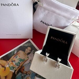 Pandora Silver Heart Drop Earrings with Clear Stones